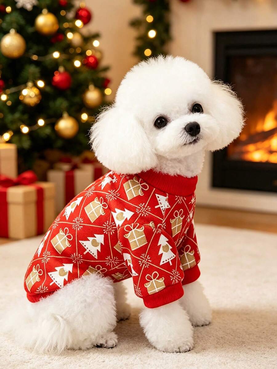 1pc Christmas Dog Clothes With Leash Hook, Xmas Tree Gift Print Puppy Sweatshirt, Soft Festive Pet Holiday Outfit, Winter Dog Coat For Small Medium Dogs. - Red - View 1