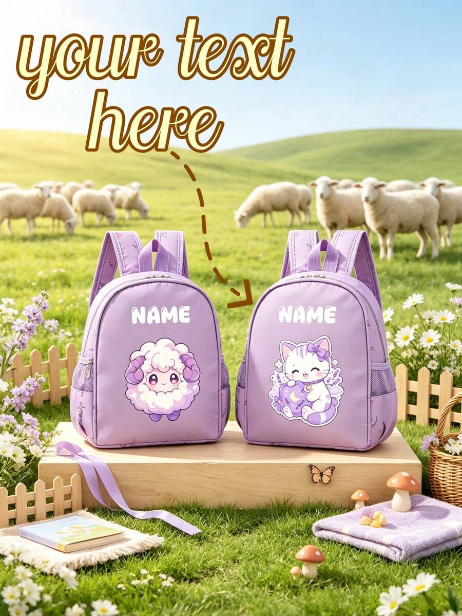 1pc Personalized Customized Backpack, Fashionable And Cute Sheep And Cat Theme Print, Zipper Closure, Nylon Material, Adjustable Shoulder Straps, Handheld, Suitable For School, Commuting, Shopping, Daily Outings. Birthday Gift. - Multicolor - View 1