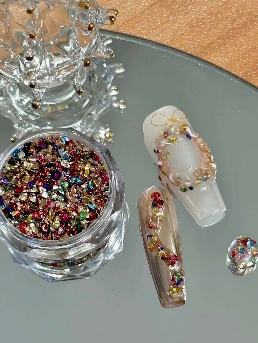 1 Box Fall Autumn Colorful Mixed Electroplated Crushed Stone Nail Art Material, Autumn Atmosphere Theme, Multi-Color Asymmetrical Rhinestone Particles, Christmas Nail Art DIY Decoration, Exquisite Beautiful Versatile Nail Decoration Nail Art Accessories - Multicolor - View 1