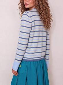 Women's New Casual Retro Striped Knit Cardigan, Long Sleeve Round Neck, Suitable For Autumn/Winter Daily Wear - Blue and White - View 2
