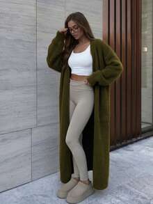SEREN New Autumn/Winter Knit Cardigan, Loose Casual Buttonless Design, Long Sweater Jacket, Suitable For Urban Commuting And Outdoor Wear - Army Green - View 2