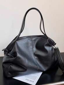 Tote Bag With Lychee Texture, Center Stitching Detail, Dual Long Handles And Adjustable Crossbody Strap, 2-In-1 Handheld And Shoulder Bag, Korean Slouchy, Large Capacity, Versatile For School And Shopping, Women's - Black - View 7
