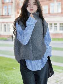 Women's French Niche Solid Color Pullover Sweater Vest, Suitable For Autumn/Winter - Grey - View 7