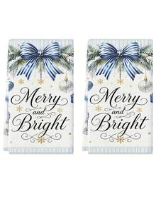 聖誕毛巾 Merry And Bright 裝飾性廚房手巾 松枝條紋蝴蝶結雪花星星掛飾 節日禮物家居裝飾 廚房浴室毛巾 - 彩色 - 查看 4