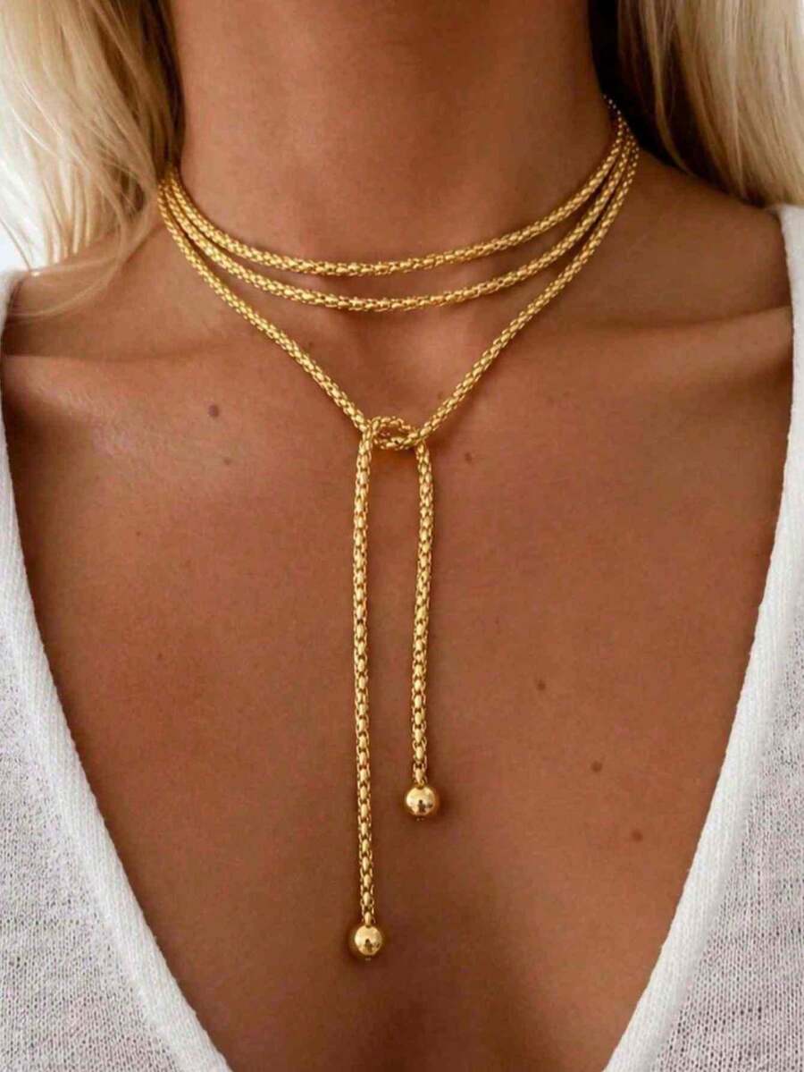 1pc Fashion Elegant Minimalist Multi-Layer Wrapped Long Necklace For Women, Suitable For Daily Wear, Dating, Travel, Perfect Gift For Girlfriend And Mom - Yellow Gold - View 1