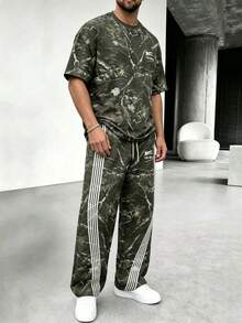 Men's American HE STAR Branch Print Short Sleeve Wide Leg Pants Set - Multicolor - View 4