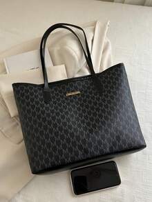 Dedoo Women's Tote Shoulder BagLetter Monogram PrintFaux LeatherMetal Logo PlateLarge CapacityClassic Minimalist TrendyFor Work,School,Shopping,Daily Travel - Black - View 8