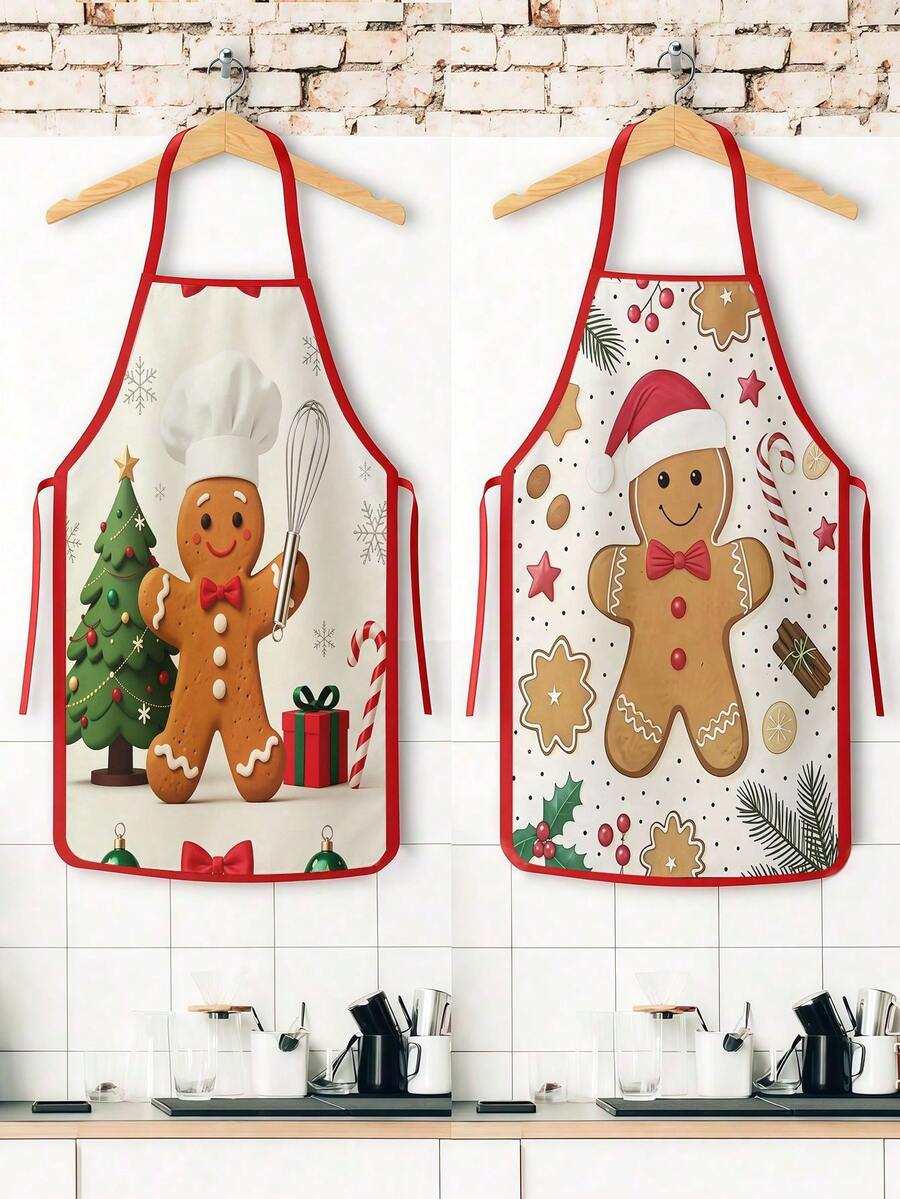 2Pcs Sweet Christmas Gingerbread Man Kitchen Apron, Snowflake Printed Adjustable Cooking Apron, Xmas Holiday Kitchen Decor Christmas Gift - Multicolor - View 1