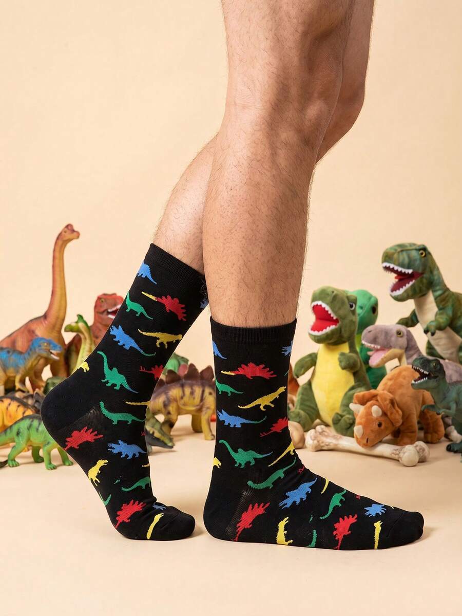 1/3 Pairs Unisex Colorful Dinosaur Print Black Crew Socks, Soft & Loose Fit Mid-Calf Socks, Suitable For Young People - Multicolor - View 1