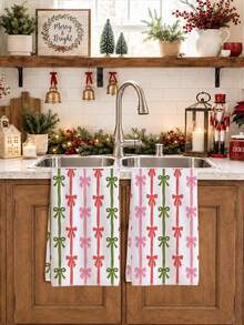 2pcs Christmas Red Green Pink Color Block Striped Bow Pattern Kitchen Towels, 40*60cm Soft Microfiber Tea Towels, Suitable For Home Kitchen Restaurant Outdoor Camping Tabletop Cleaning Dish Cloth Hand Towel Accessories, Christmas Theme Dining Kitchen Decor Fabric Wiping Towels, Holiday Gift Giving - Multicolor - View 4