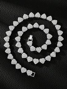 10mm Heart-Shaped Chain Necklace & Bracelet, Elegant Hip-Hop Cuban Chain Design With Crystal Heart Pendant, Suitable For Daily Wear - Full Diamond Heart Chain - View 14