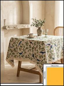 1pc Beige Base Green Branch & Blue Bird Print Tablecloth, French Fresh Style Linen Blend Fabric, Square Shape With Beige Tassel Edge Detail, Stain-Resistant Desktop Protector, Functional Dining Table Cloth Suitable For Daily Breakfast And Cozy Home Decor Scenes - Beige - View 16