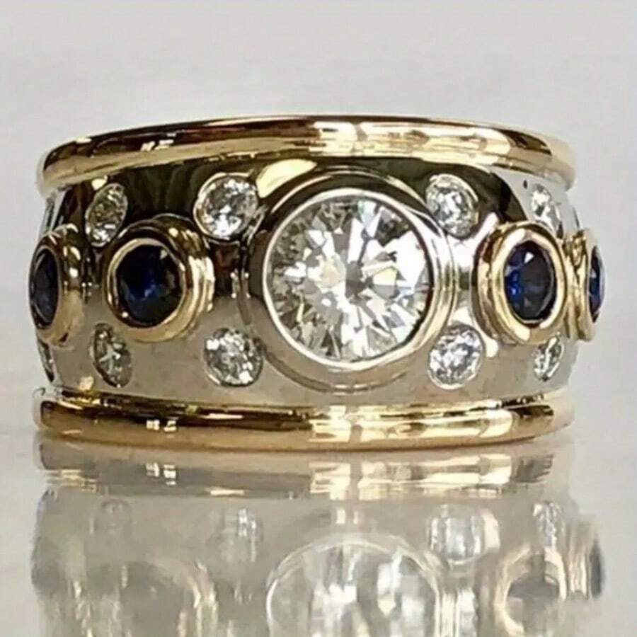 Women's Wide Band Unique Ring, Inlaid With Alternating Blue And White Synthetic Zirconia, Vintage Atmosphere Jewelry, Suitable For Casual Travel, Party, Versatile Style - Two-color - View 1