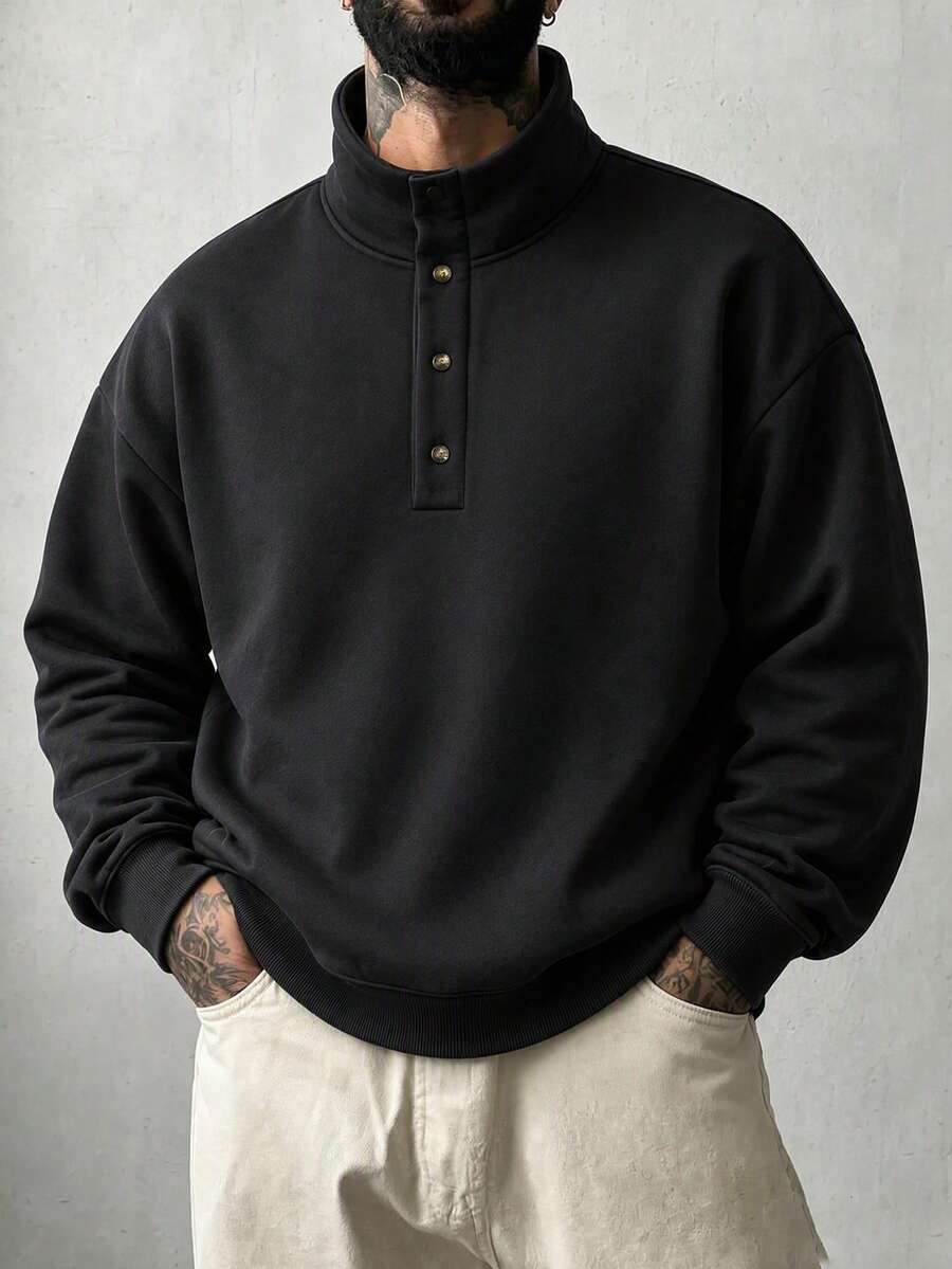 Men's Autumn/Winter Popular Casual Versatile Minimalist Button Up Collar Commuter Long Sleeve Sweatshirt - Black - View 1