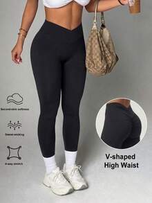 Women's Butt-Lifting Ruched Sports Base Layer Leggings, 3D Ruched Butt Design For Butt-Lifting And Curve Enhancement, Showcasing Charming Waist Dimples And Perky Butt, Tight Fit And Slimming For S-Curve, Comfortable Tight Fit, Suitable For Yoga, Fitness, Running And Street Style - Black - View 1