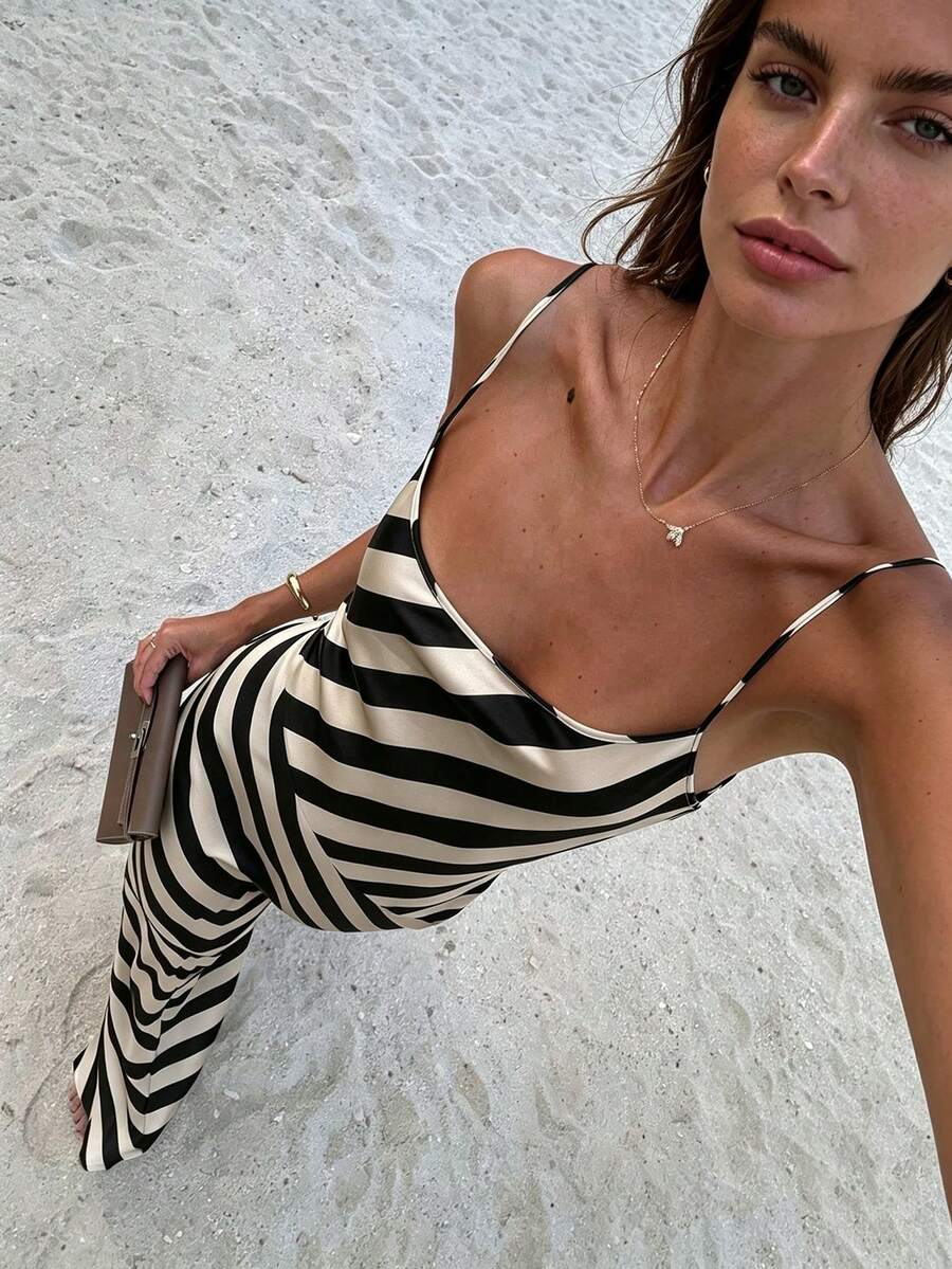 DORISS 春夏不對稱條紋魚尾吊帶洋裝，度假風對比色條紋洋裝，優雅日常穿著性感女裝，度假穿搭