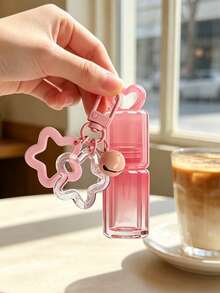 Pink Heart-Shaped Hollow Lipstick Tube Keychain, Portable Lipstick Bottle With Pink Bear, Flower And Bell Keychain Pendant, Backpack Decoration - Multicolor - View 6