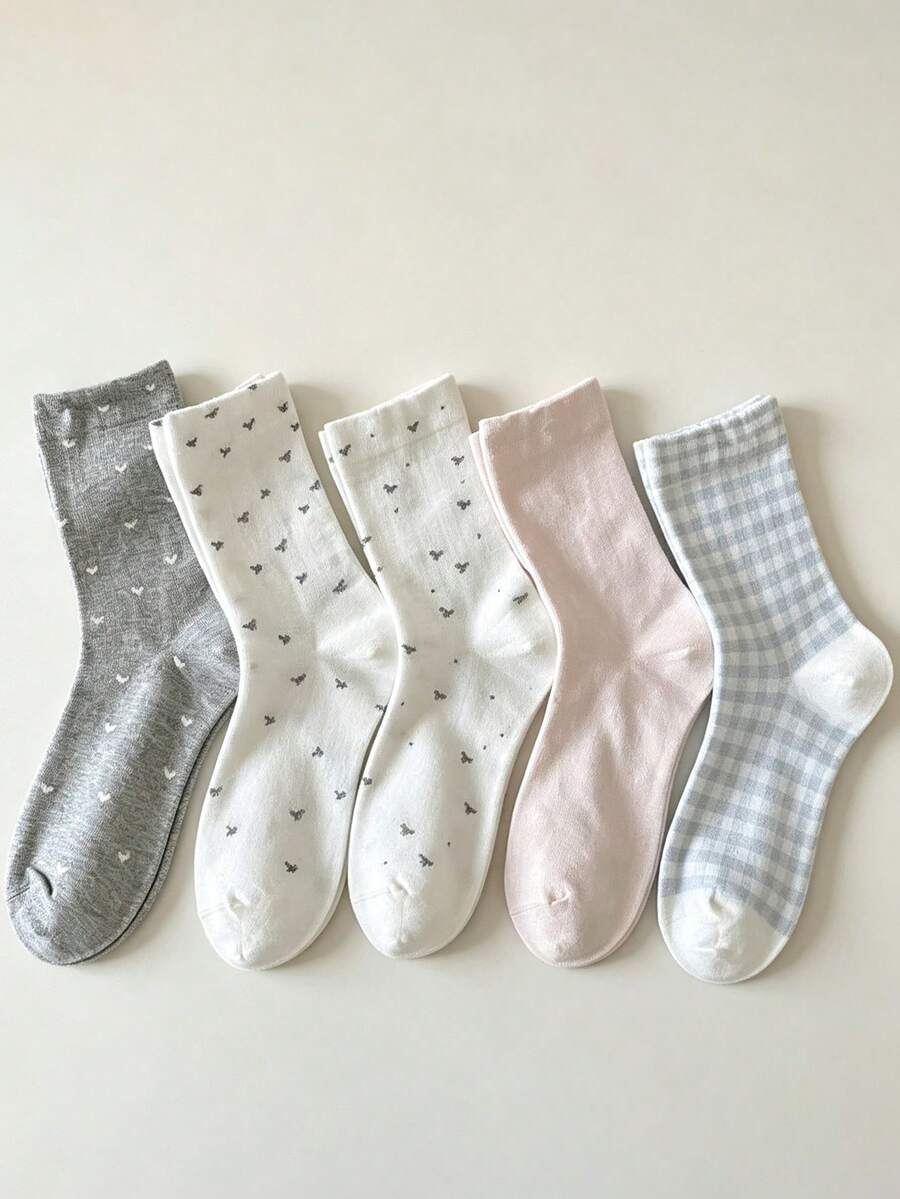 1/5/10 Pairs Women Sweet Heart Bow Plaid Mid-Calf Socks, Korean Style Cute Slouch Socks - Multicolor - View 1