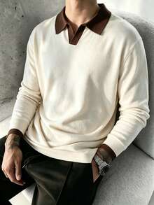 Men's Contrast Collar Long Sleeve Knit Pullover, Business Casual Style Fashion Top - Apricot - View 4