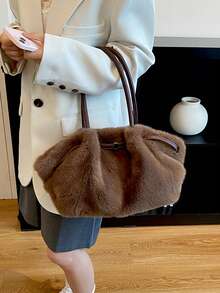 Soft Fuzzy Plush Tote Bag, Winter Retro Shoulder Bag, Large Capacity Handbag With PU Leather Handles Suitable For Office Shopping Daily Used Commuting - Coffee - View 5