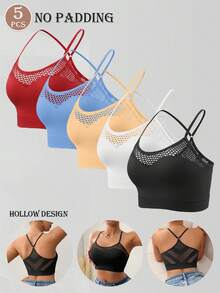 5pcs Hollow Back Comfortable Breathable Women's Camisole And Bra, No Support, Low Elasticity Women's Bra - Multicolor - View 4