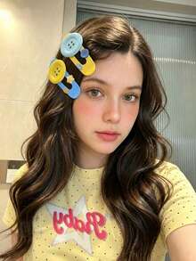 1pc Cute Large Button Decor Hair Clip, Contrast Color Side Bangs Hair Clip, Y2K Sweet Style, Suitable For Girls Daily School Casual Street Wear Hairstyle Styling - Multicolor - View 13