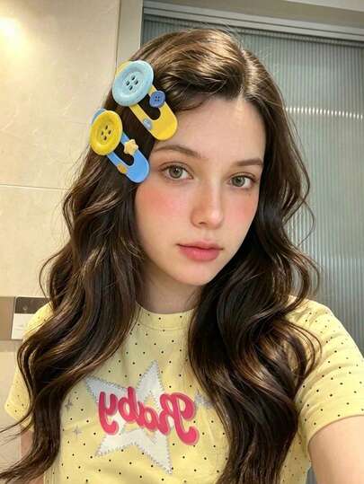 1PC Cute Big Button Decor Hair Clip, Color Contrast Side Bangs Barrette, Y2K Sweet For Girls Daily School Casual Streetwear Hair Styling