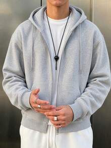 Men's Spring Autumn Winter Solid Color Pocket Loose Drop Shoulder Zip-Up Hooded Sweatshirt - Grey - View 3