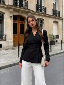 Elegant Women's Black Long Sleeve Asymmetrical Wrap Blazer, Regular Length Polyester Jacket, Autumn Premium Outfit Essential - Black - View 1