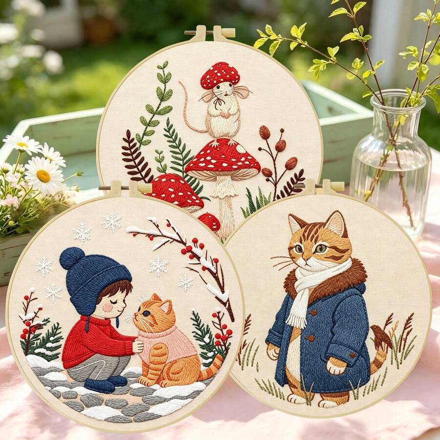 1 PC Paket Bordir Good Partner Ukuran 15*15 cm/5,9*5,9 inci dan 20*20 cm/7,9*7,9 inci, Set Bordir DIY Buatan Tangan untuk Pemula Dewasa, Hadiah Rumah, Hadiah Jahit Wanita, Termasuk Buku Panduan, Kain Motif Cetak, Bingkai Bordir, Jarum dan Benang