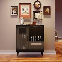 Modern Wine Bar Cabinet With Tempered Glass Door – Freestanding Buffet Sideboard With Integrated Wine Glass Rack, Drawers, Adjustable Shelves – Compact Storage For Home, Kitchen, Dining, Living Room - Black - View 1