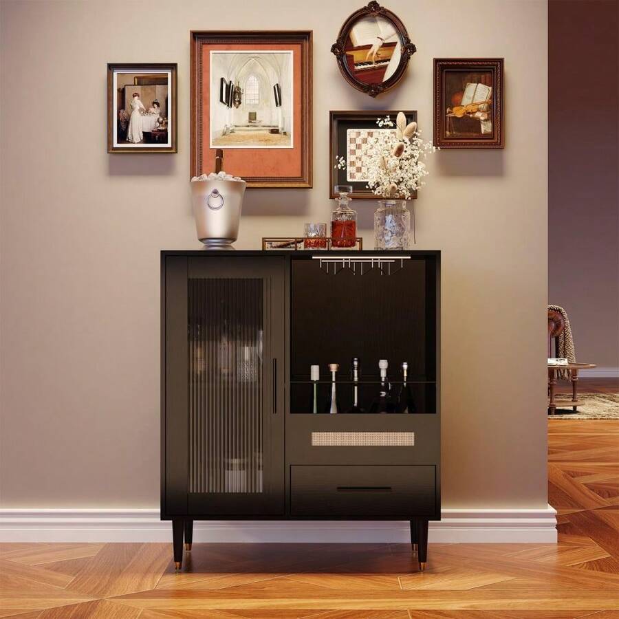 Modern Wine Bar Cabinet With Tempered Glass Door – Freestanding Buffet Sideboard With Integrated Wine Glass Rack, Drawers, Adjustable Shelves – Compact Storage For Home, Kitchen, Dining, Living Room - Black - View 1