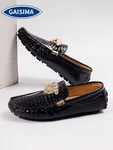 GAISIMA Men's Black Crocodile Embossed Loafers, Gold Metal Decor Luxury Slip-On Dress Shoes, Suitable For Business Banquets - Black - View 1