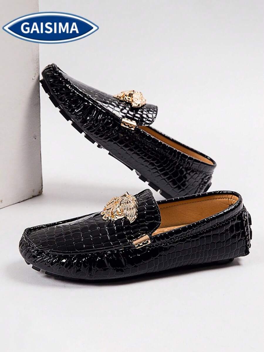 GAISIMA Men's Black Crocodile Embossed Loafers, Gold Metal Decor Luxury Slip-On Dress Shoes, Suitable For Business Banquets - Black - View 1