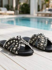 Summer New High-End Pearl Round Toe Slippers For Women With Fringed Tassel Flat Sole Outdoor Vacation Travel One-Strap Slide - Black - View 7