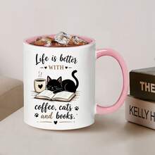 Life Is Better With Coffee, Cats And Books Coffee Mug, Black Cat Reading Books Pattern Ceramic Cup, Creative Birthday Holiday Gift For Cat Lovers, Book Enthusiasts, Bookworms - Multicolor - View 8