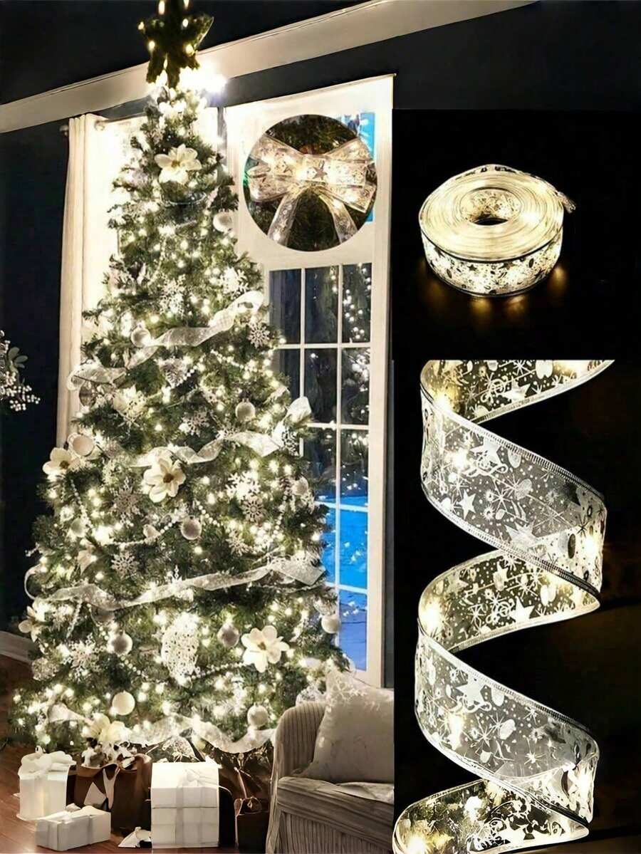 1pc Christmas Ribbon String Lights, Christmas Ribbon Lights, Christmas Lights Decoration, Ribbon Garland Christmas Tree Silver Garland Christmas Decoration Lights, Suitable For Indoor And Outdoor Party Decoration
