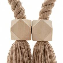 2pcs/Set Wooden Magnetic Curtain Tiebacks, Handmade Rope Curtain Straps, Bohemian Style With Geometric Wooden Beads And Handmade Tassels, Rustic Home Decor Tassel Curtain Tiebacks - Multicolor - View 2