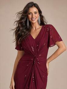 EVERPRETTY Elegant High-Elastic Comfortable Ruffle Knot Wrap Design Mid-Length Formal Evening Gown, For Wedding Guests, Mother Of The Bride,Semi-Formal Occasions - Burgundy - View 7
