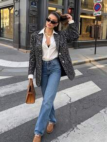 Women Fall Winter French Lapel Sequin Jacket Rhinestone Buttons Long Sleeve Padded Shoulde Gathering New Year Getaway Chic Sleek Versatile Outfit - Black - View 5