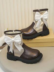 1 Pair Princess Style Holiday Outfit Autumn/Winter Girls' Bow Ankle Boots, Silver Metallic Patchwork Side Zipper Thick Sole Comfortable Fashion Children's Boots - Brown - View 1