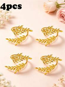 4-30pcs Metal Leaf Napkin Rings, Wheat Ear Napkin Holders, Table Decor Suitable For Wedding, Christmas, Party, Banquet, Dinner - Gold - View 22