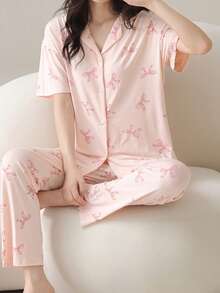 2pcs/Set Piyama Wanita, Atasan Kardigan Lengan Pendek dan Celana Panjang, Pakaian Santai Ramah Kulit untuk Musim Semi/Panas - Berwarna merah muda - View 1