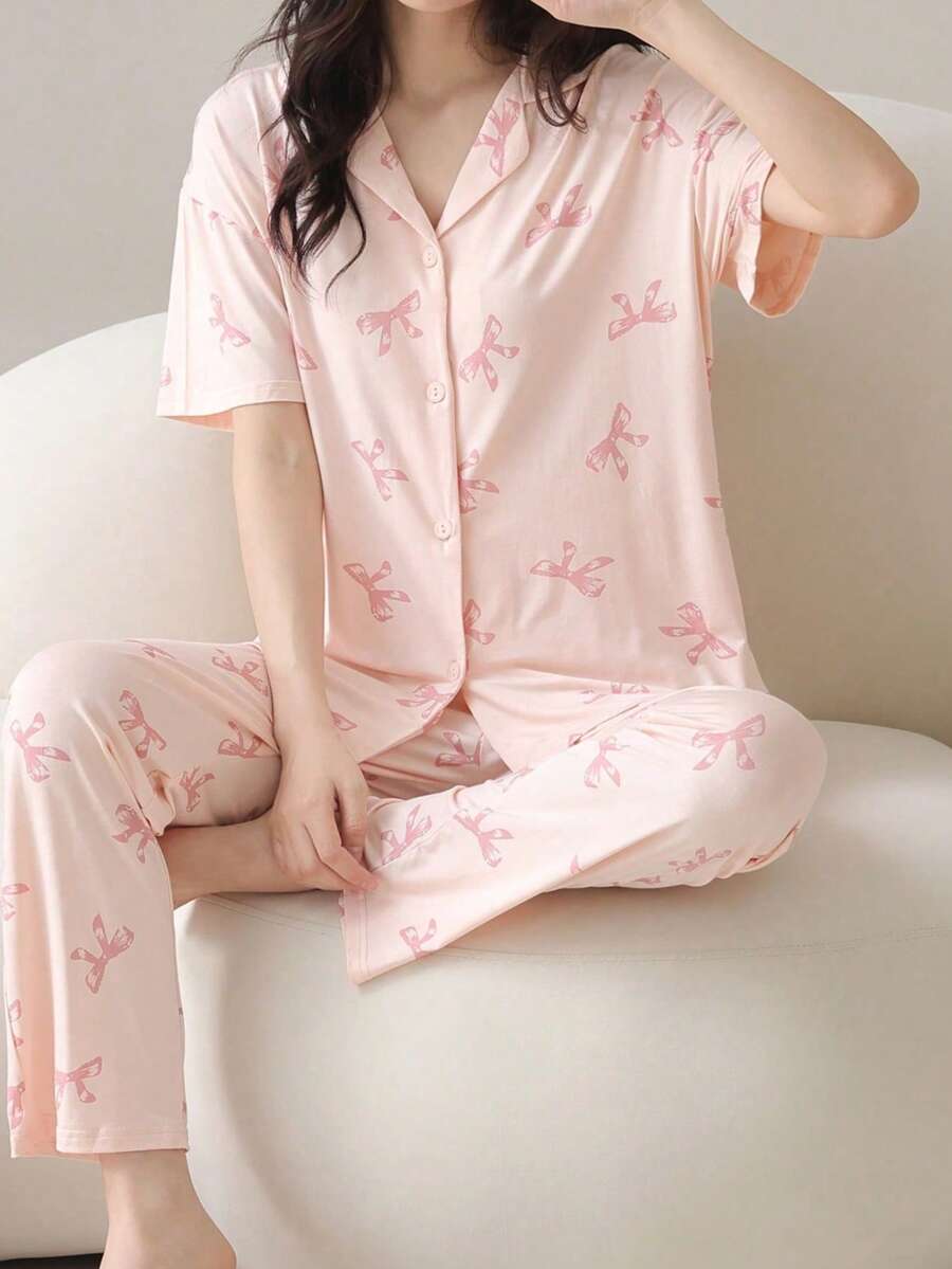 2pcs/Set Piyama Wanita, Atasan Kardigan Lengan Pendek dan Celana Panjang, Pakaian Santai Ramah Kulit untuk Musim Semi/Panas - Berwarna merah muda - View 1