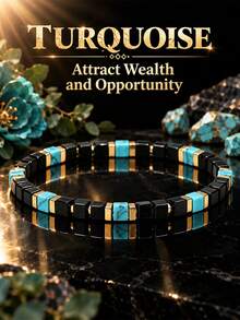 Vintage Style 5mm Turquoise & Black Agate Square Bead Bracelet, Attract Wealth And Opportunity, Handmade Natural Stone Spiritual Jewelry, Suitable For Daily Wear And Gifting - Multicolor - View 1