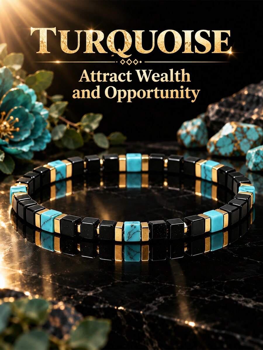 Vintage Style 5mm Turquoise & Black Agate Square Bead Bracelet, Attract Wealth And Opportunity, Handmade Natural Stone Spiritual Jewelry, Suitable For Daily Wear And Gifting - Multicolor - View 1