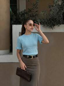 Women's Casual Yellow Round Neck Ruffle Short Sleeve Loose Fit T-Shirt, Spring/Summer Style, Suitable For Dating And Daily Wear - Baby Blue - View 6