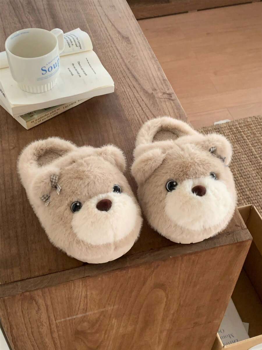 XIXITIAO Cute Big Eye Bear Soft Sole House Shoes, Warm Fuzzy Couple Slippers For Indoor Home Use - Apricot - View 1