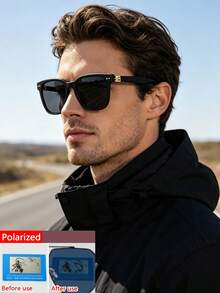 1 PC Men's Square Fashion Glasses Black And Transparent Gray PC Frame Polarized Lens Casual Style For Driving Outing Trips With Glasses Box - Multicolor - View 2