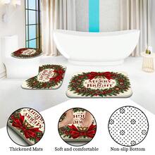 1pc/4pcs Red Bow & Floral Wreath Pattern Multi-Function Bathroom Decor Shower Curtain Set, Free 12 Hooks, Premium Holiday Atmosphere, Bathroom Mat, U-Shaped Rug And Round Toilet Lid Cover, Suitable For All Scenes Decoration Bathroom Set - Red Bow Wreath - View 6